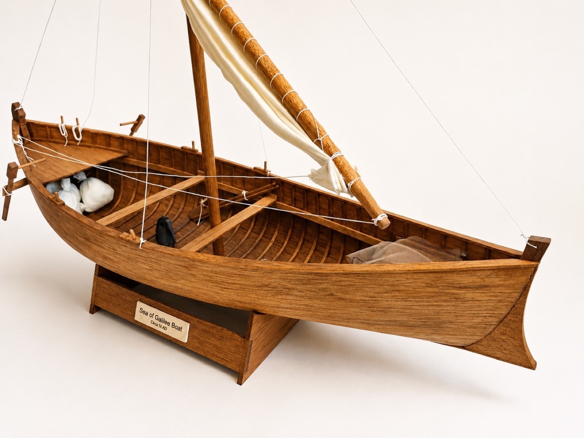 Profile view of a finished Sea of Galilee boat model
